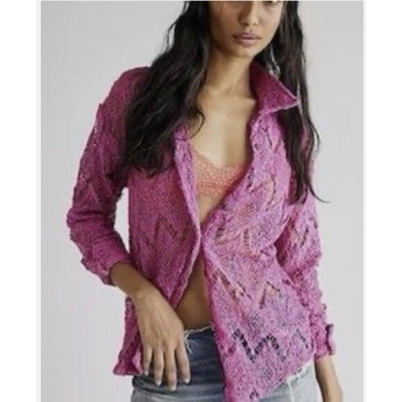 Free People Tops - NWT $98 FREE PEOPLE Until Sundown Shirt Cover-Up‎ Gin Fizz Pink Crochet MEDIUM